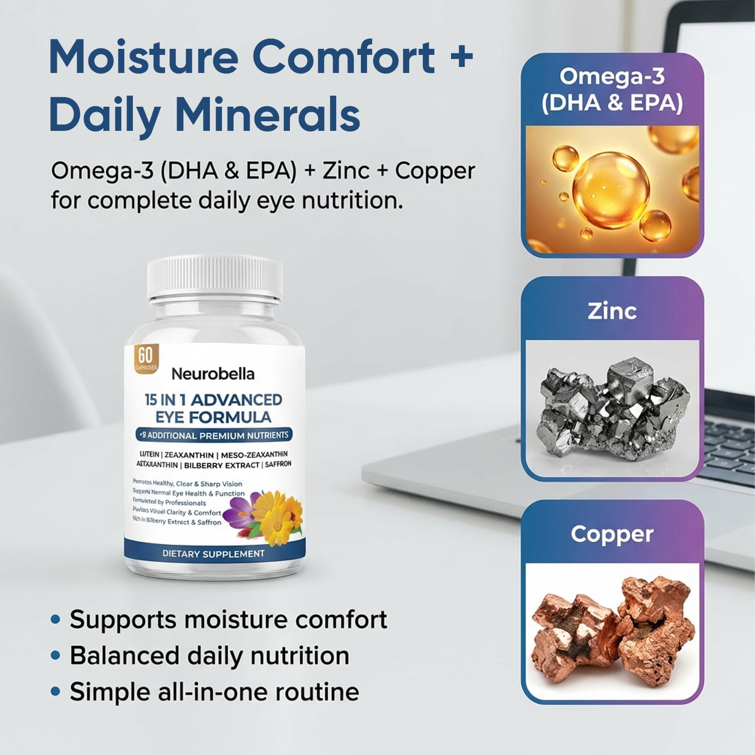 Neurobella Eye Formula - Neurobella 15 in 1 Advanced Eye Formula with All 3 Carotenoids, Lutein & Zeaxanthin, Bilberry Extract and Saffron, 60 Capsules