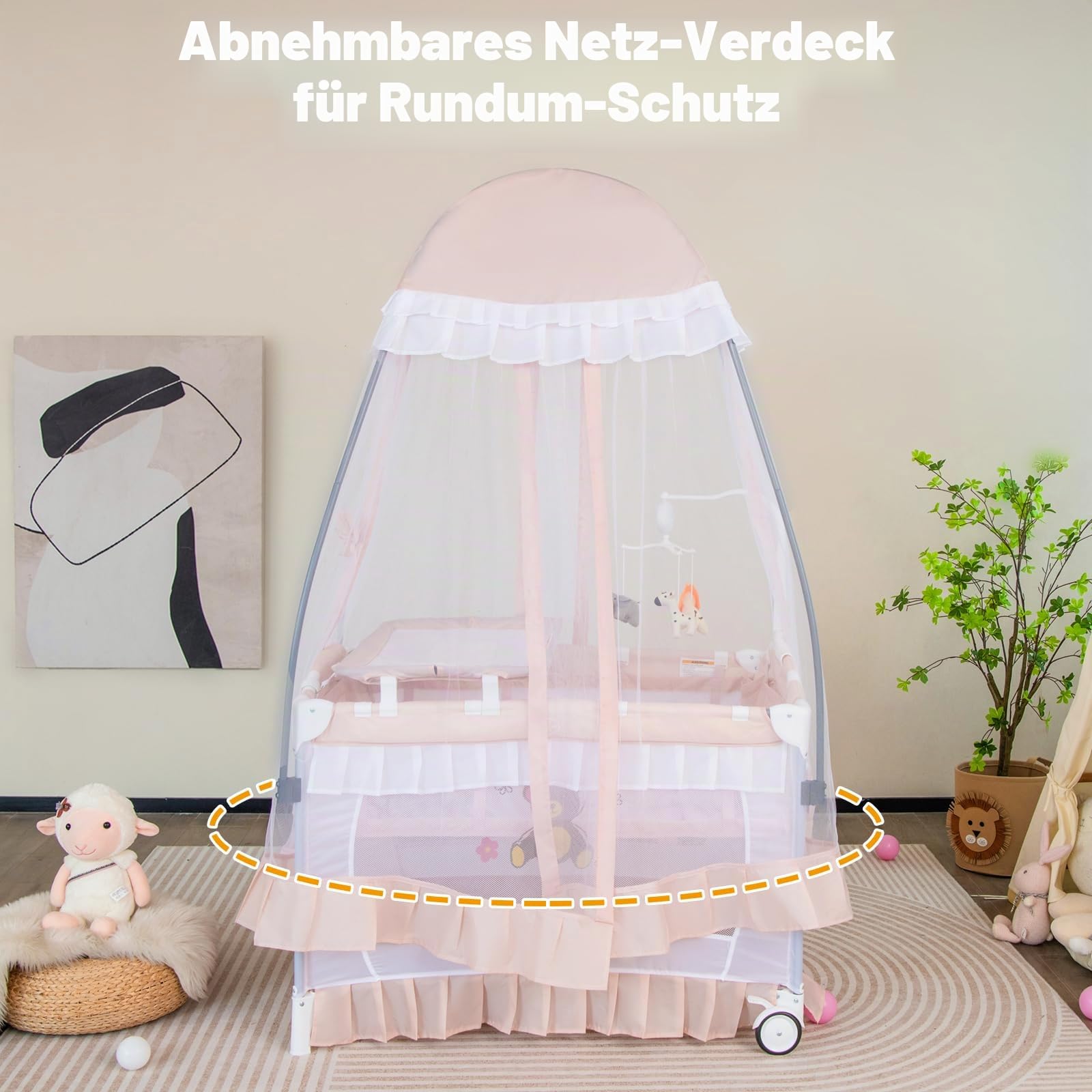 FANTASK 4 in 1 Babybett mit Matratze, Beistellbett mit abnehmbarem Baldachin, Spielbogen & Musikbox, Baby Reisebett mit Rollen, Kinderreisebett für Baby 0-36 Monate (Rosa)