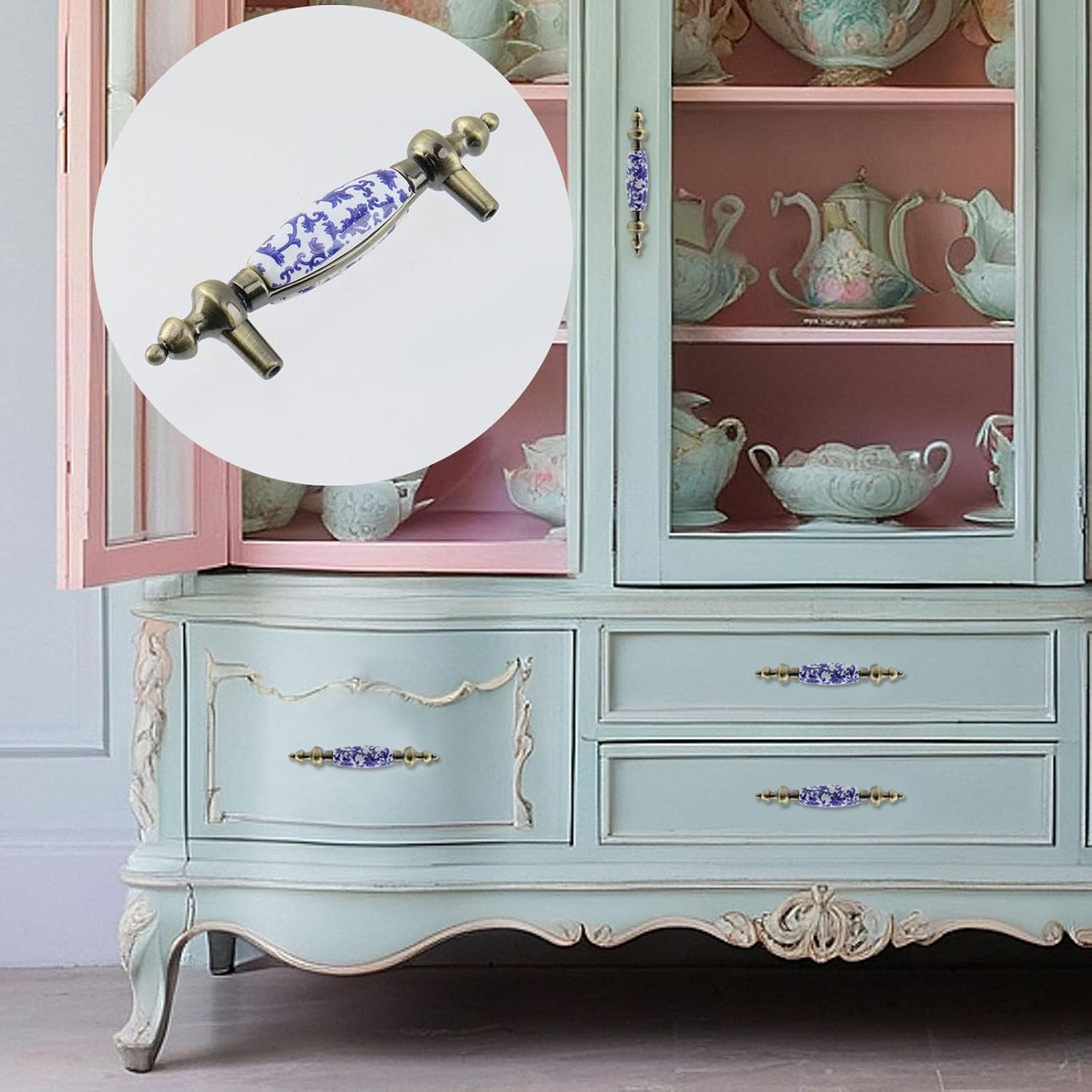 MY MIRONEY 3" Holes Center to Center Ceramic Cabinet Pulls Hardware Blue and White Porcelain Drawer Knob Antique Chinese Style Blue Flower Knobs with Screws Pack of 4