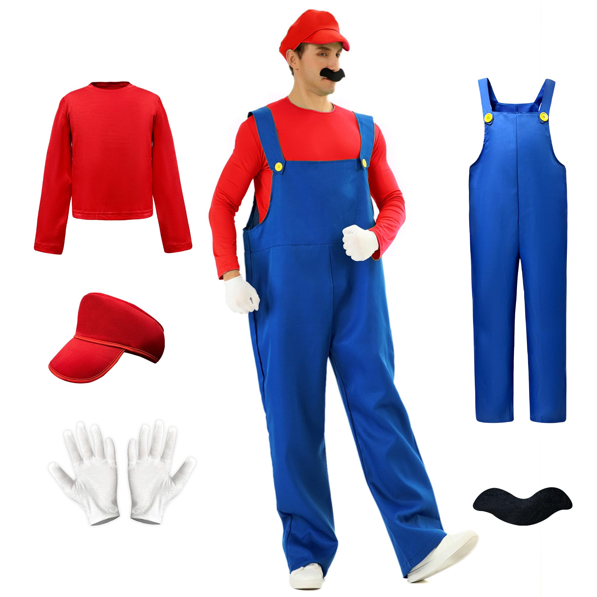 [CHALAN] ハロウィン コスプレ衣装 大人用 仮装 【5点セット オーバーオール Tシャツ 帽子 手袋 ひげ】 コスチューム コスプレ クリスマス イベンド 学園祭 変装 変身 ギフト プレゼント