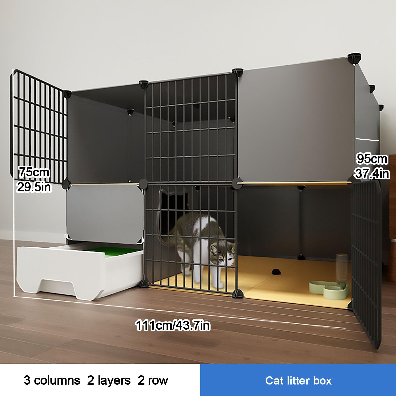 Gabbia per Gatti, Gabbia per Gatti Grande - Box per Gatti Fai-da-Te a 2 Livelli per Interni con lettiera Integrata, Design spazioso per Gatti (Dimensioni: Nero 111x95x75) - Perfetto per l'us