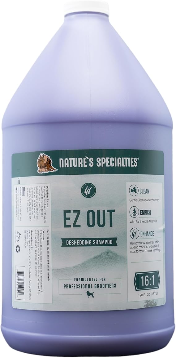 Nature's Specialties EZ Out Deshedding Ultra Concentrated Dog Shampoo for Pets, Makes up to 4 Gallons, Natural Choice for Professional Groomers, Removes Unwanted Hair, Made in USA, 1 Gal