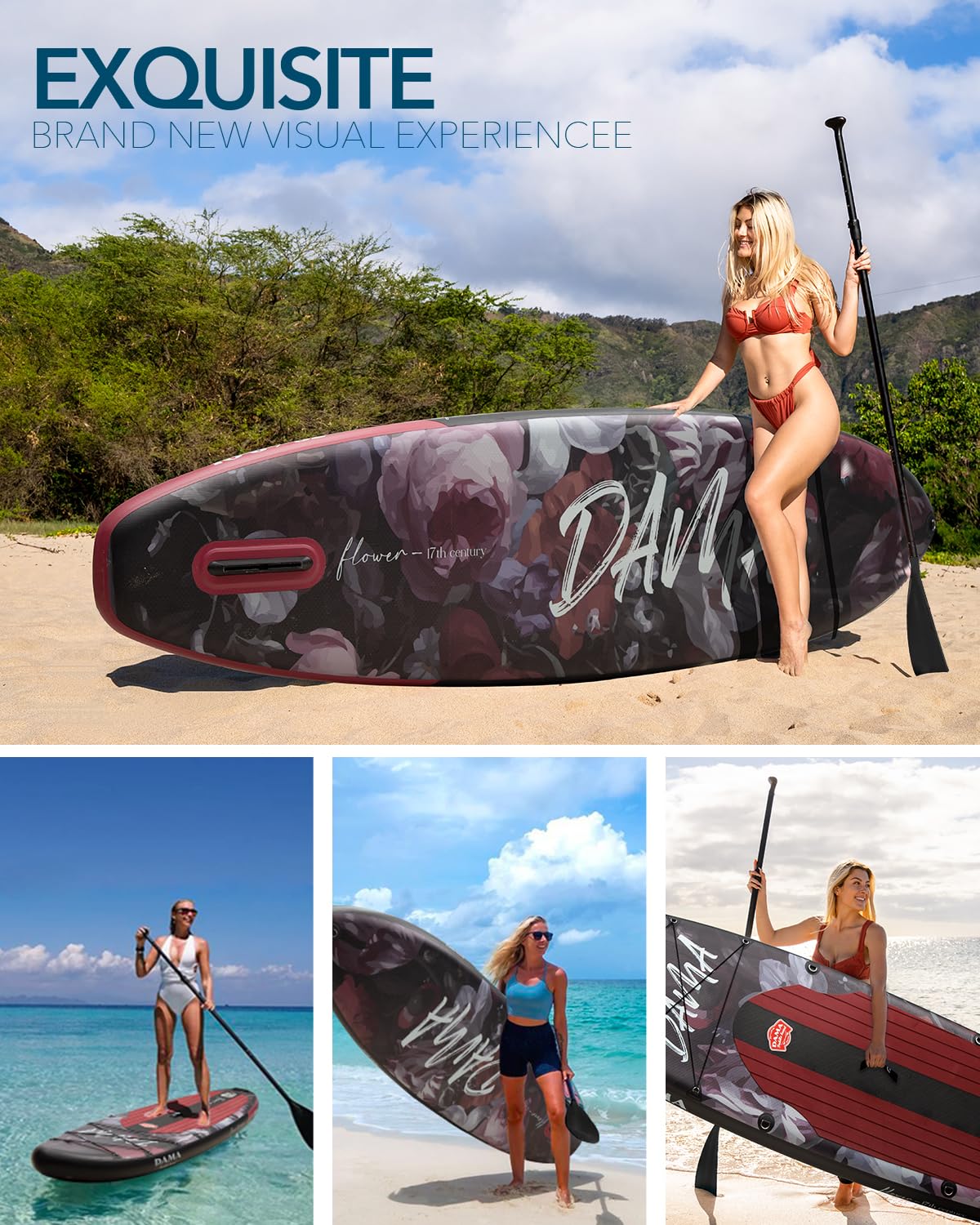 DAMA Dark Flower Tabla de Paddle Surf Hinchable, Sup Paddle Board Inflable 320 x 81 x 15 cm, Antideslizante, hasta 145 kg, Remo Doble, Bomba, Mochila, Correa de Seguridad, Bolsa Estanca y Funda Móvil