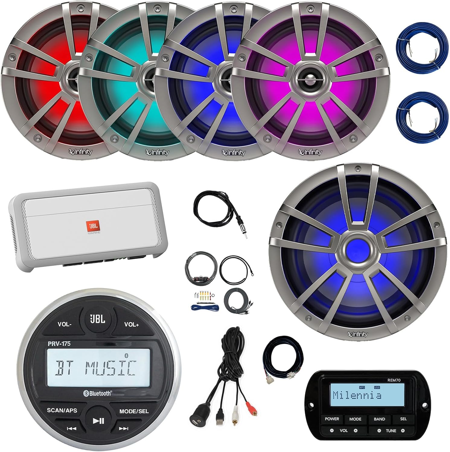 JBL PRV-175 Marine Gauge Style Bluetooth Stereo Receiver, Wired Remote, Extension, 4x 6.5" 225W Multicolor LED Boat Speakers (Titanium) 10" LED Subwoofer, Amplifier w/Kit, Antenna, USB Adapter, Wire
