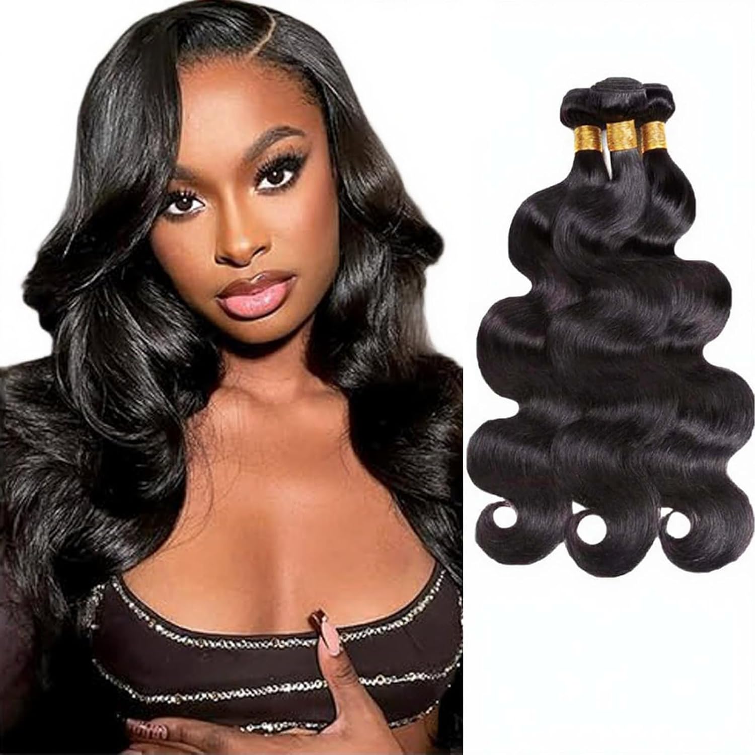 Natural Black Body Wave Human Hair Bundles 8A Unprocessed Brazilian Virgin Hair Extensions for Quick Weave 3 Bundles 300g，24 26 28 Inch
