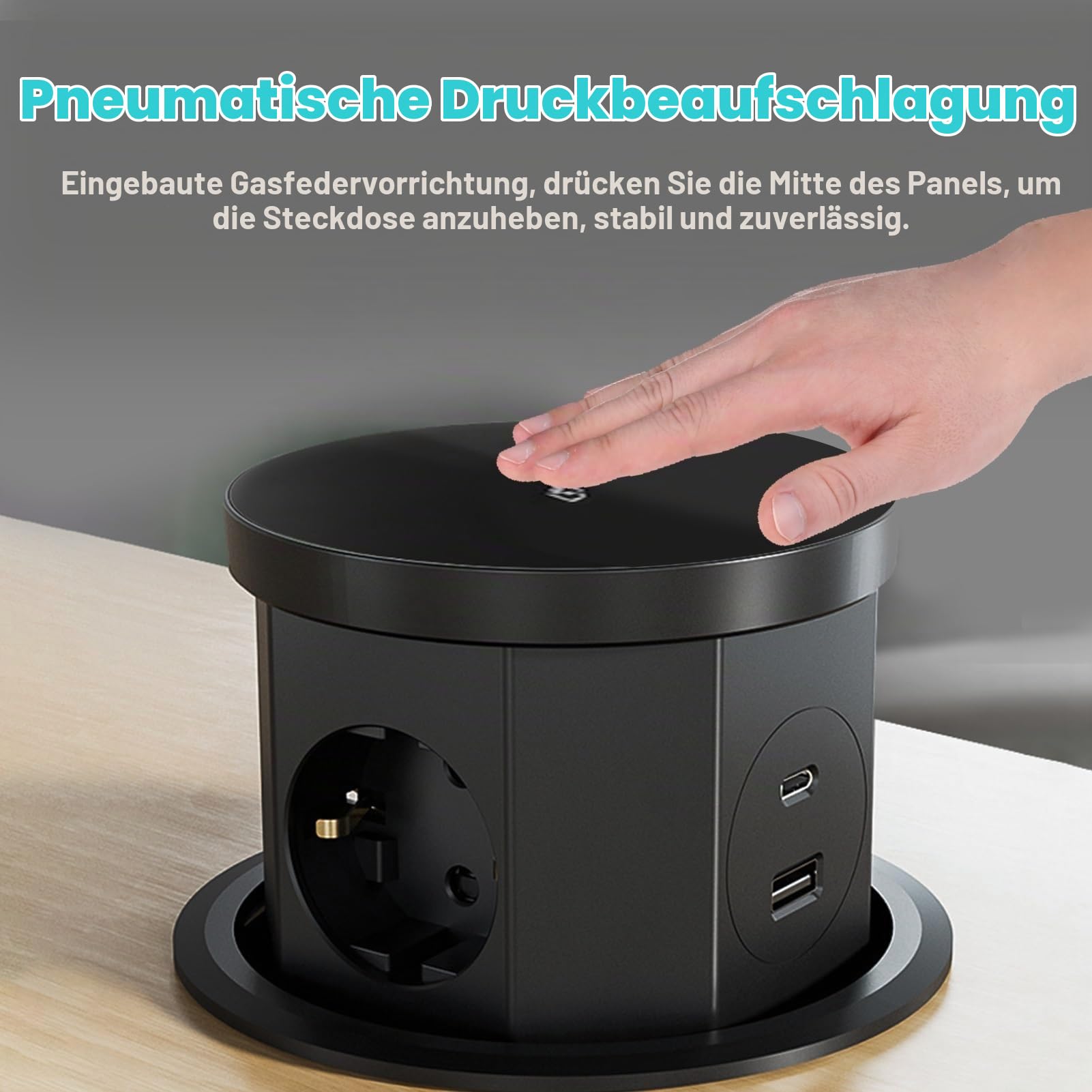 DEWIN Versenkbare Steckdose, Tischsteckdose 3 Fach Steckdosenleiste mit USB C, Kabellosem Ladegerät 15W und 1,5m Kabel Schwarz