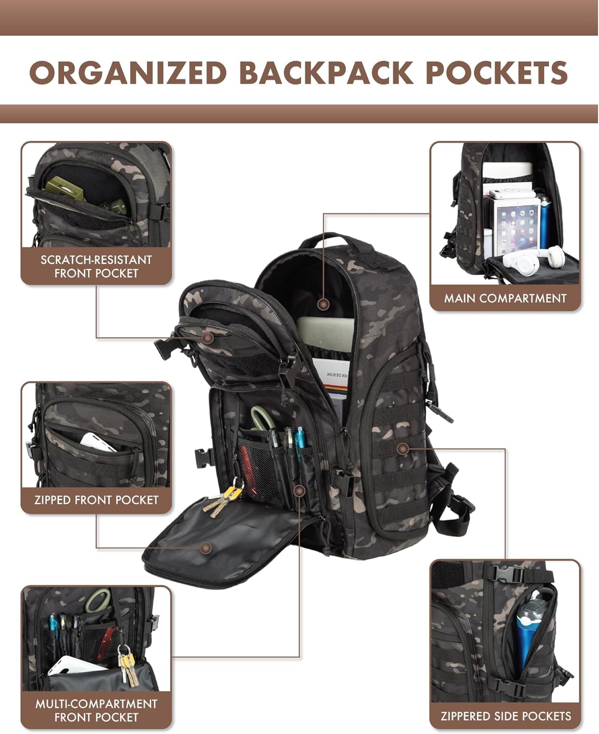 TRAILKICKER Taktischer Laptop-Rucksack, 35 l, Militär, Molle-Armee, Assault Pack, 3 Tage Bug-Out-Tasche, Wandern, Treeking, Camouflage, Jagd-Rucksack für Herren, mit Flagge des Vereinigten Königreichs