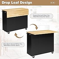Vista 4 de Shintenchi Isla de cocina con hoja plegable, mesa de isla enrollable con almacenamiento, armario de cocina con ruedas con área de asiento para Negro