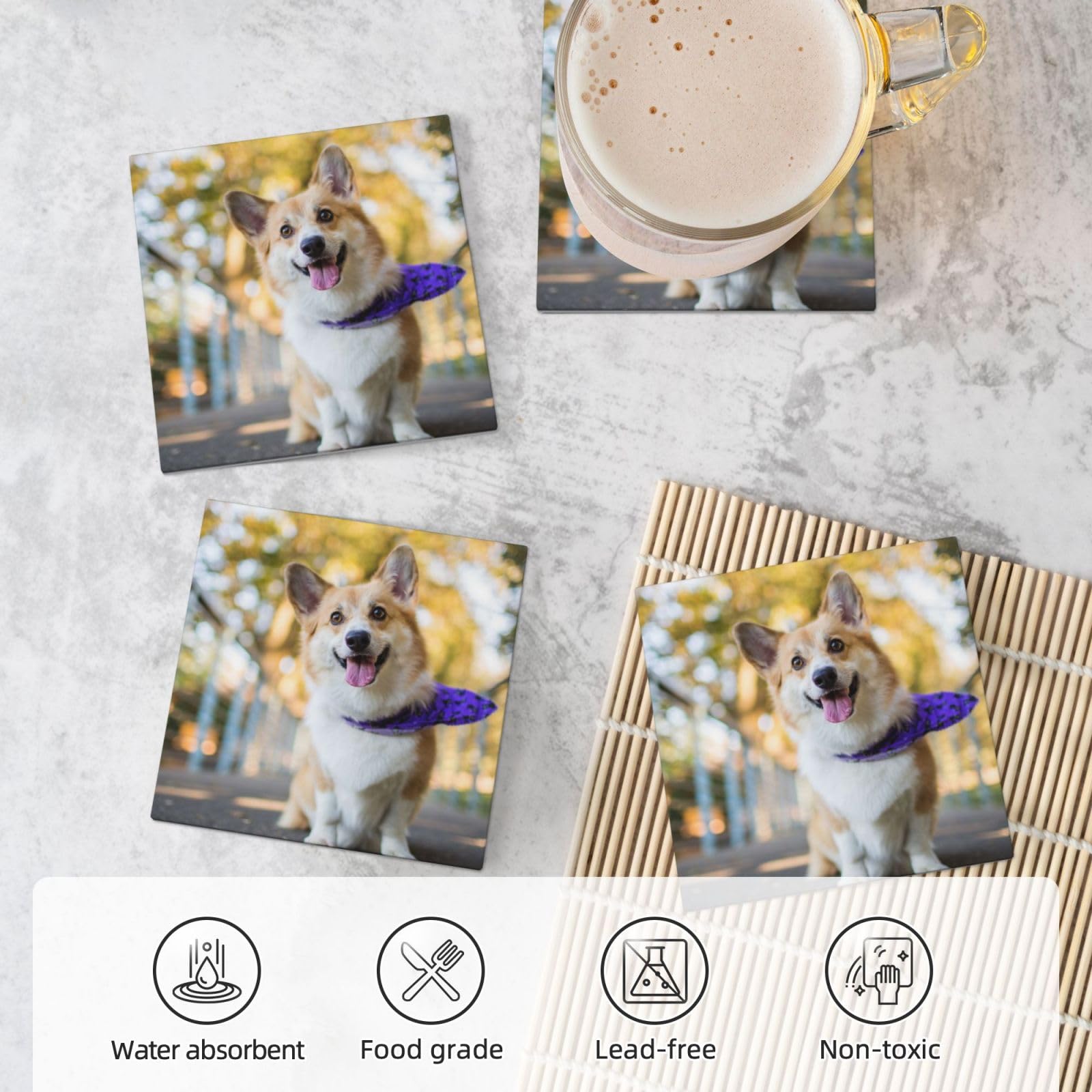 Untersetzer mit Hunde-Corgi-Motiv, bedruckt, Keramik, 4 Stück