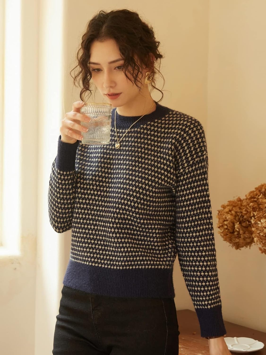 Women's Sweater Allover Pattern Drop Shoulder Sweater Sweater for Women (Color : Navy Blue, Size : Large)