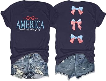 America Shirts for Women Land of The Free Shirt America Flag Coquette Bow T-Shirt USA Patriotic Tees 4th of July Outfits
