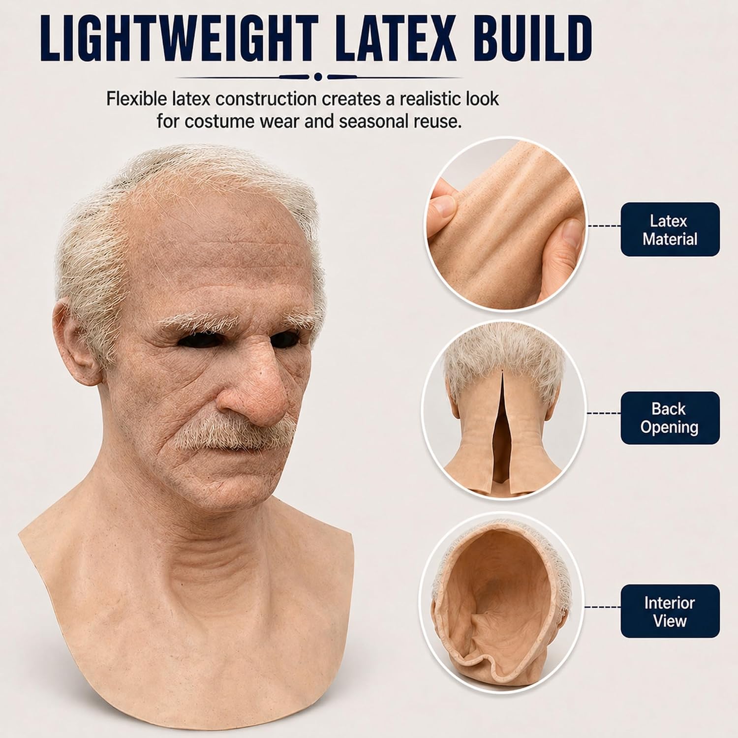 Realistic Old Man Mask for Adults, Elderly Grandpa Full Head Halloween Costume Mask for Cosplay and Costume Party
