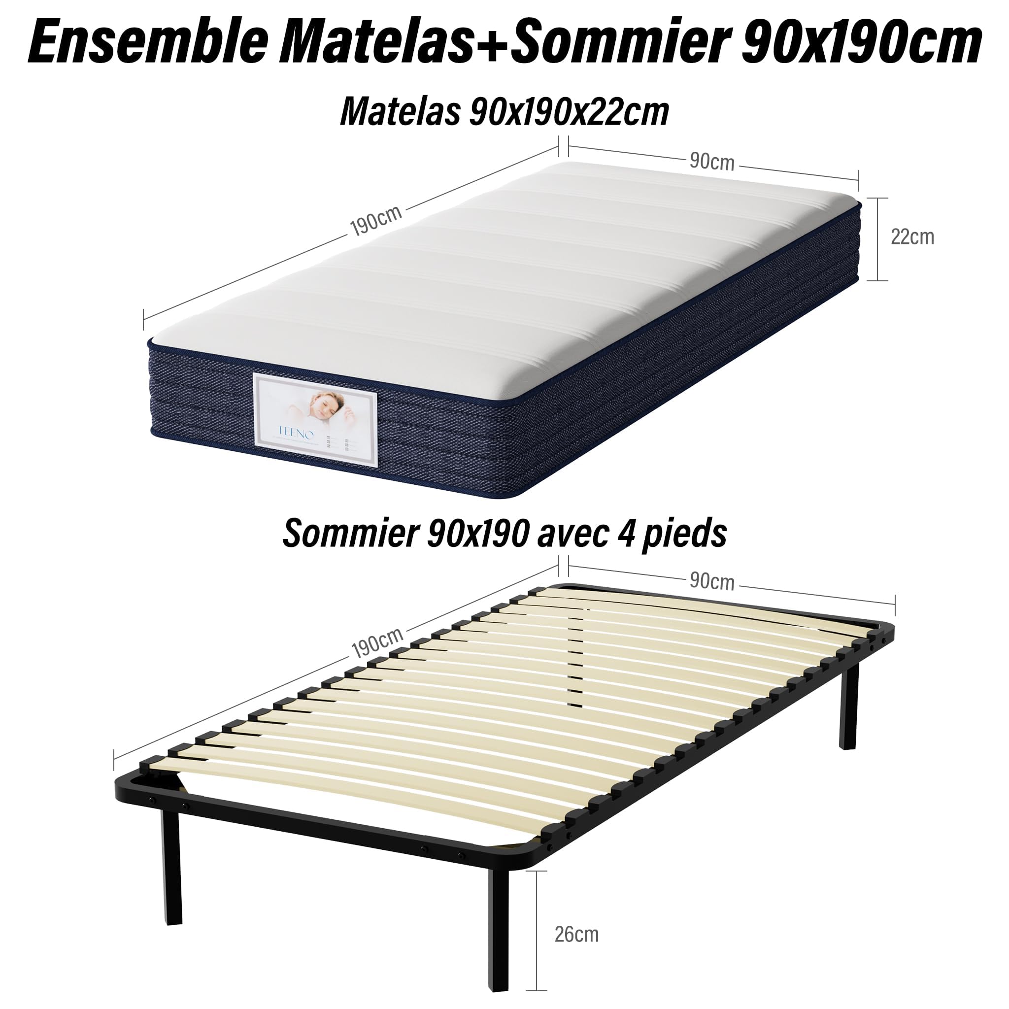 TEENO Ensemble Composè:Matelas a Memoire de Forme Matelas+Sommier à Lattes sur Pieds-4 Pieds Inclus(Ensemble 90x190, 22)