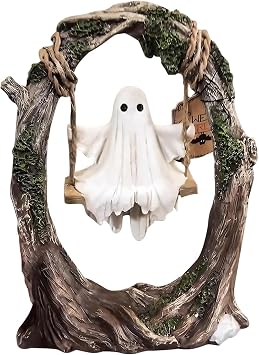 AZYM Ghost Halloween Decor,Ghost on a Tree Swing,Cute Funny Swinging Ghost Halloween Figurine Decoration,for Indoor Desktop Bookshelf Outdoor Garden Patio Lawn Decor
