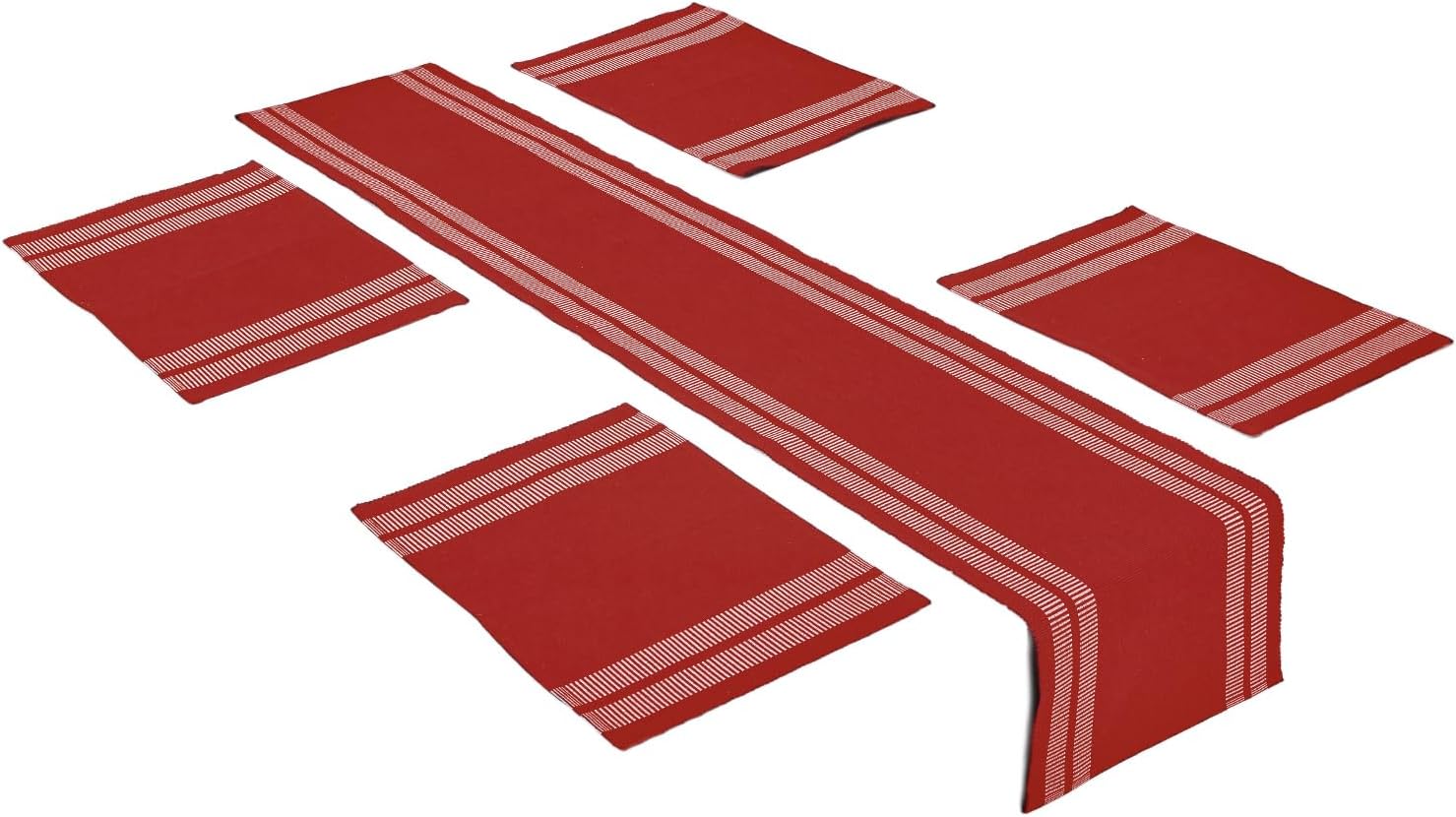 Encasa Dining Set (4 Placemats + 1 Table Runner) | Ladder Red | Ribbed Cotton | Over 20 Modern Colors & Woven Designs, Machine Washable