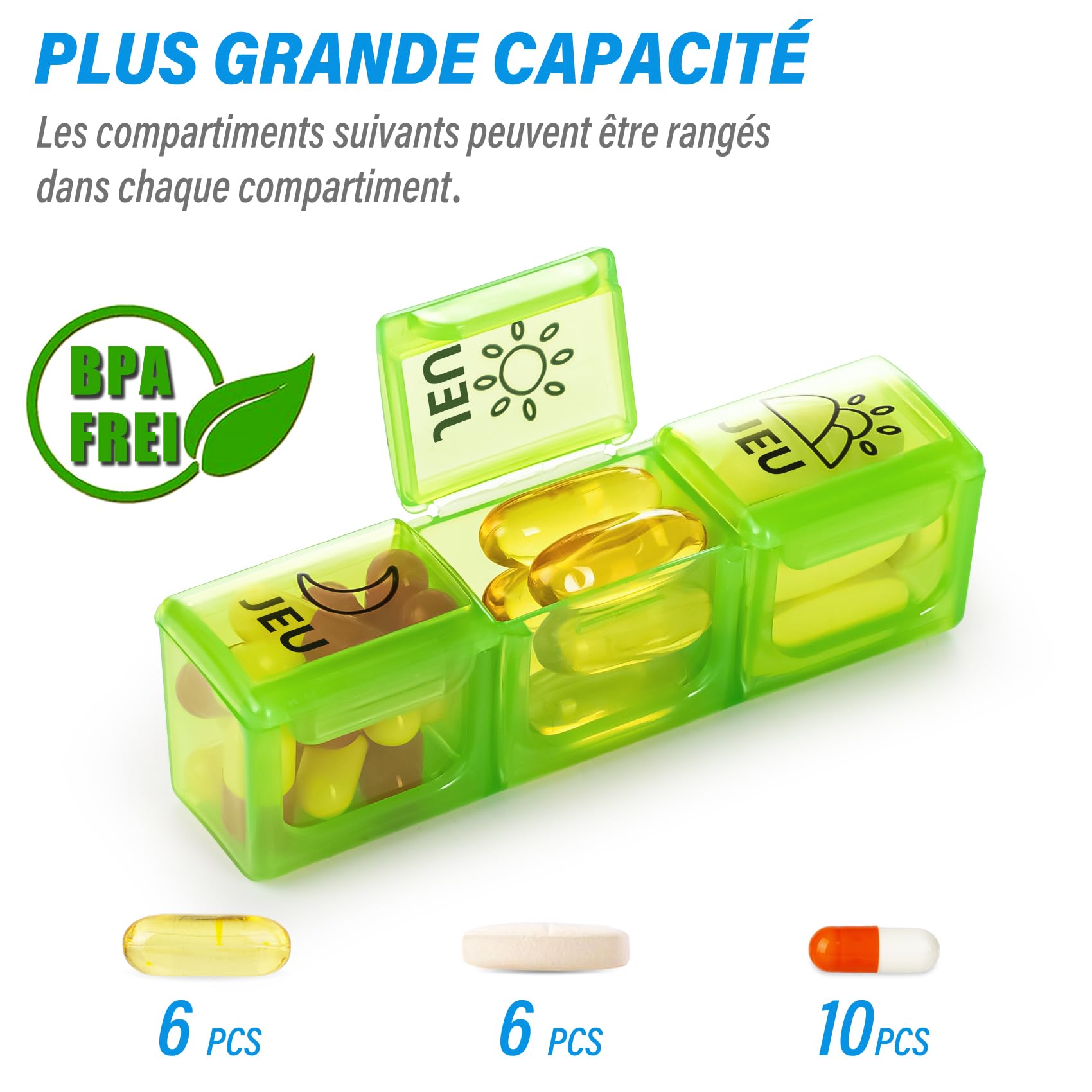 Pilulier Semainier,Pilulier Journalier,Semainier Medicament,Semainier Français 7 Jours 21 Compartiments,Dose 3 Fois par Jour,Matériaux Sans Bisphénol A et Sûrs,Pour les Huiles de Poisson,les Gélules