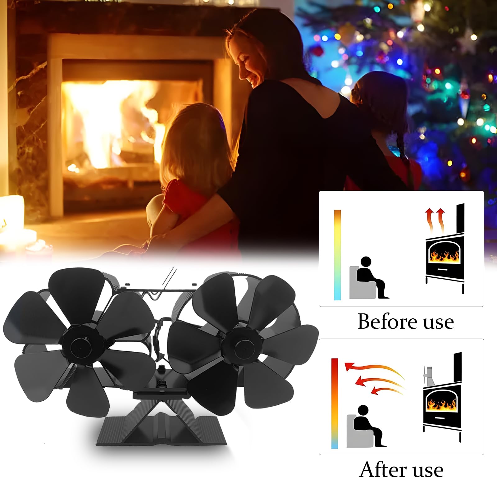 Ventola per Stufa a Legna,Ventilatore a Doppio Motore 12 Pale, Ventilatore per Camino Efficiente Dal Punto di Vista Termico/Silenzioso/in Alluminio,per Bruciatore di Tronchi,Stufa,Camino-Nero