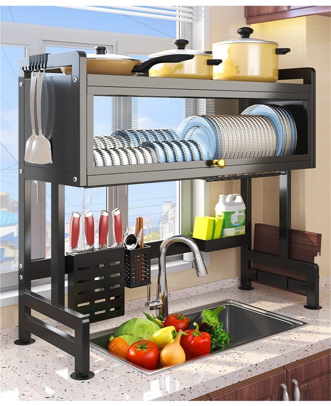 Escurridor de platos de 3 niveles para fregadero – Cocina multifuncional con tapa de gran almacenamiento para platos, diseño resistente (105 cm) – perfecto para espacios de cocina ordenados