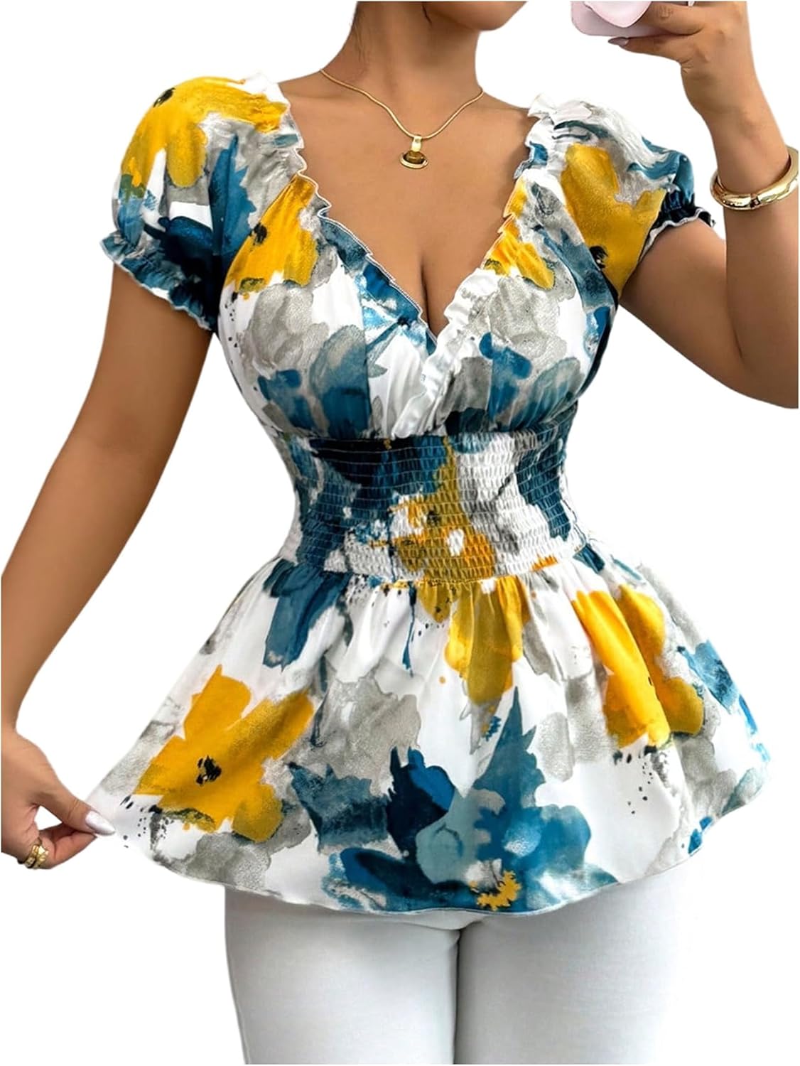SOLY HUX Women's Floral Blouse V Neck Puff Sleeve Shirred Peplum Ruffle Hem Summer Tops