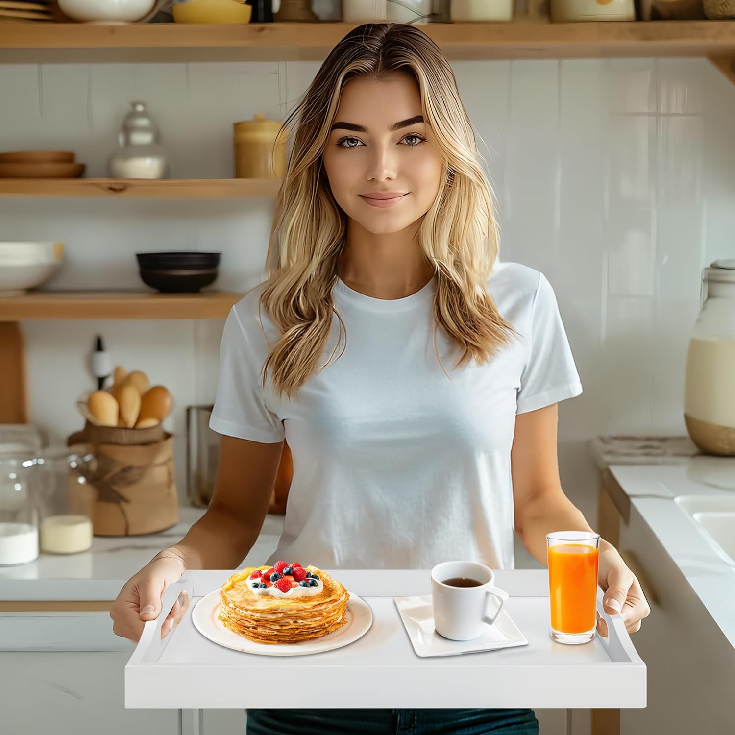 Bamboo Food Serving Tray with Handles, Breakfast Bed Tray for Tea,Snack,Dinner, Home Decorative Storage Food, Platter, Ottoman for Kitchen Counter, Bathroom, Restaurant (White) - Image 8