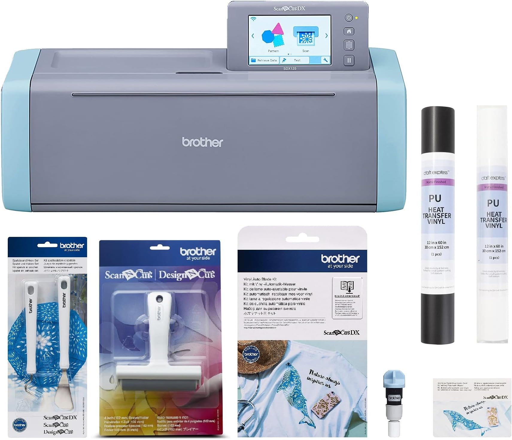 Brother ScanNCut SDX125E Electronic DIY Cutting Machine with Scanner, Plus Vinyl Auto Blade Kit, Black & White Vinyl Rolls and Tools