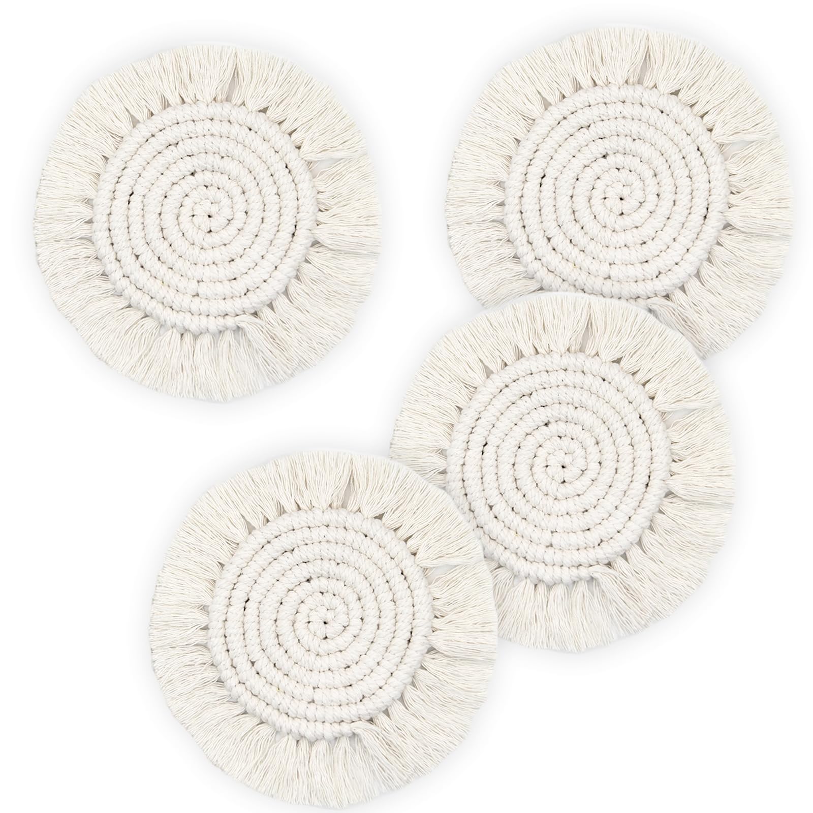 Photo 1 of 7.4in Boho Coasters Set of 4, Cute Drink Coasters Absorbent for Desk, Farmhouse Handmade Woven Macrame Coaster for Mugs Cups - Gifts for Women, 4PCS Round, Beige