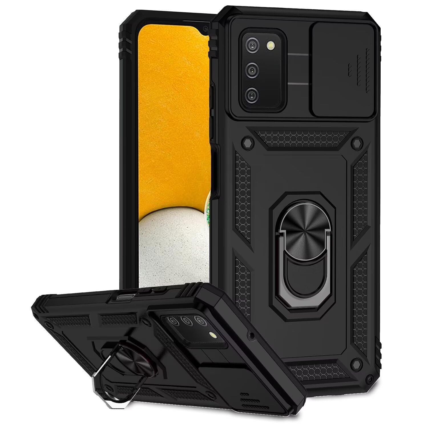 JIEZUIMEI Case for Samsung Galaxy A03S / A02S Case with Sliding Camera, Military Shockproof Case Cover with Ring Bracket Magnetic Car Mount Series TPU/PC 2 in 1 Phone Case Black