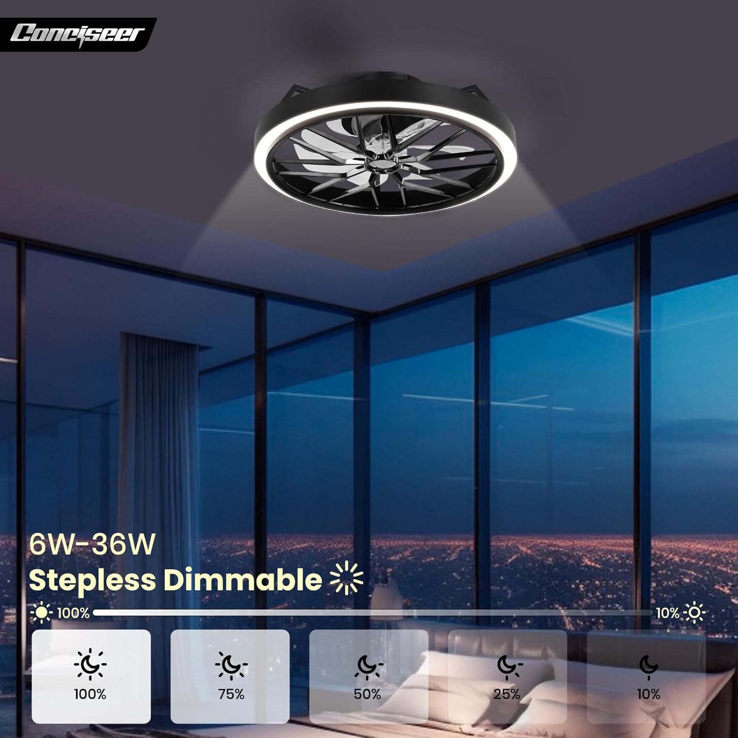 Conciseer Low Profile Ceiling Fan with Lights, 20 Inch Ceiling Fan with Light and Remote for Bedroom Living Room, 36W 3CCT Dimmable, 7 Blades 6 Speed Reversible Quiet DC Motor, LED 36W, Black
