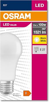 Osram 4052899971097 Led Cla 100, 13 W, 1521 Lumen, 2700 Kelvin, Yellow Light E27 Hear Bulb, Size: 12cm Width: 6cm [Energy Class F]