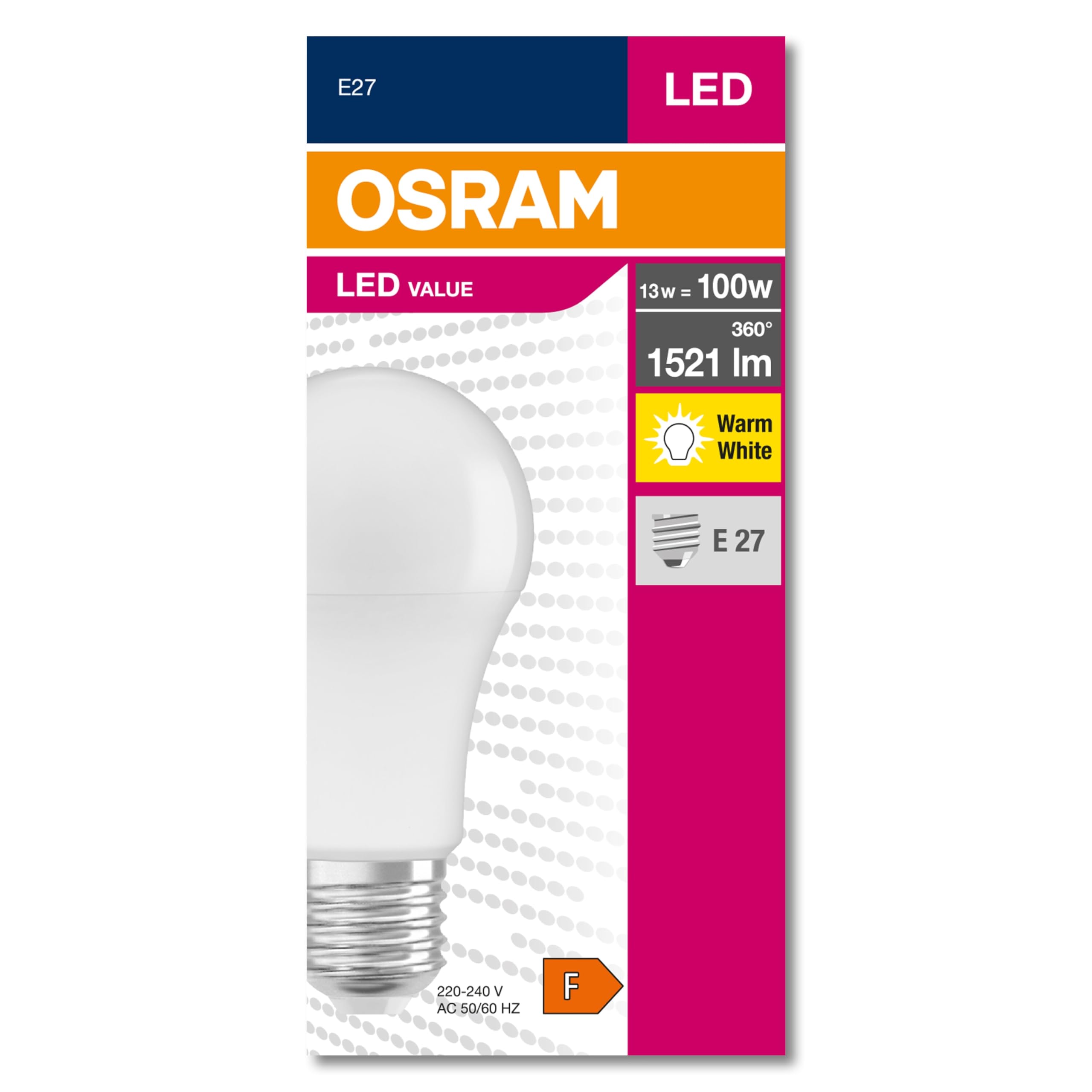 Osram Weiß Value Classic A100 2700K. Led Light Bulb 220-240V 14,5W 2700K E27. Equals 100W.