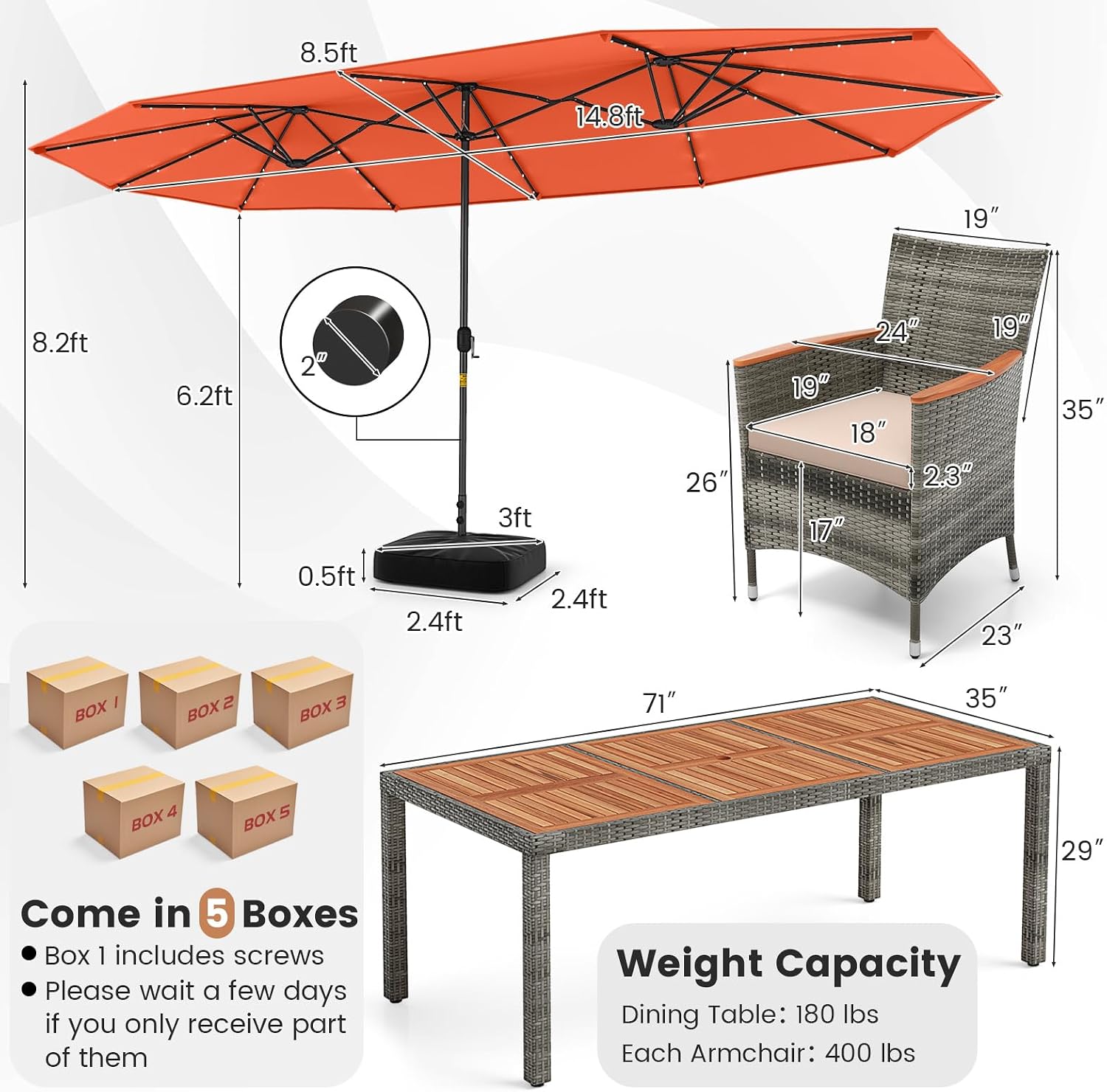Tangkula 11 Pieces Patio Dining Set with 15 ft Double-Sided Patio LED Umbrella (Base Included), Outdoor Rattan Furniture Set with 8 Armchairs, 1 Rectangular Acacia Wood Dining Table (Orange)