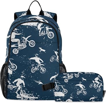 Kids Backpacks Set Motocross Sports Motorcycle Boys Girls Backpack with Lunch Bag Toddler Bookbag