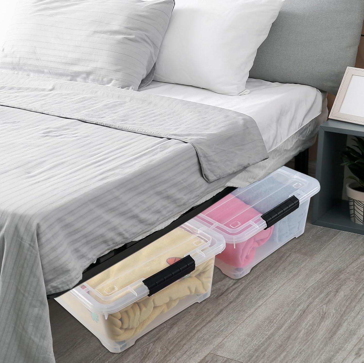 Xyskin 4 Packs 20 Quart Plastic Under Bed Storage Box, Clear Stackable Container Bins for Clothes, Blankets, Winter Clothing, & Shoes