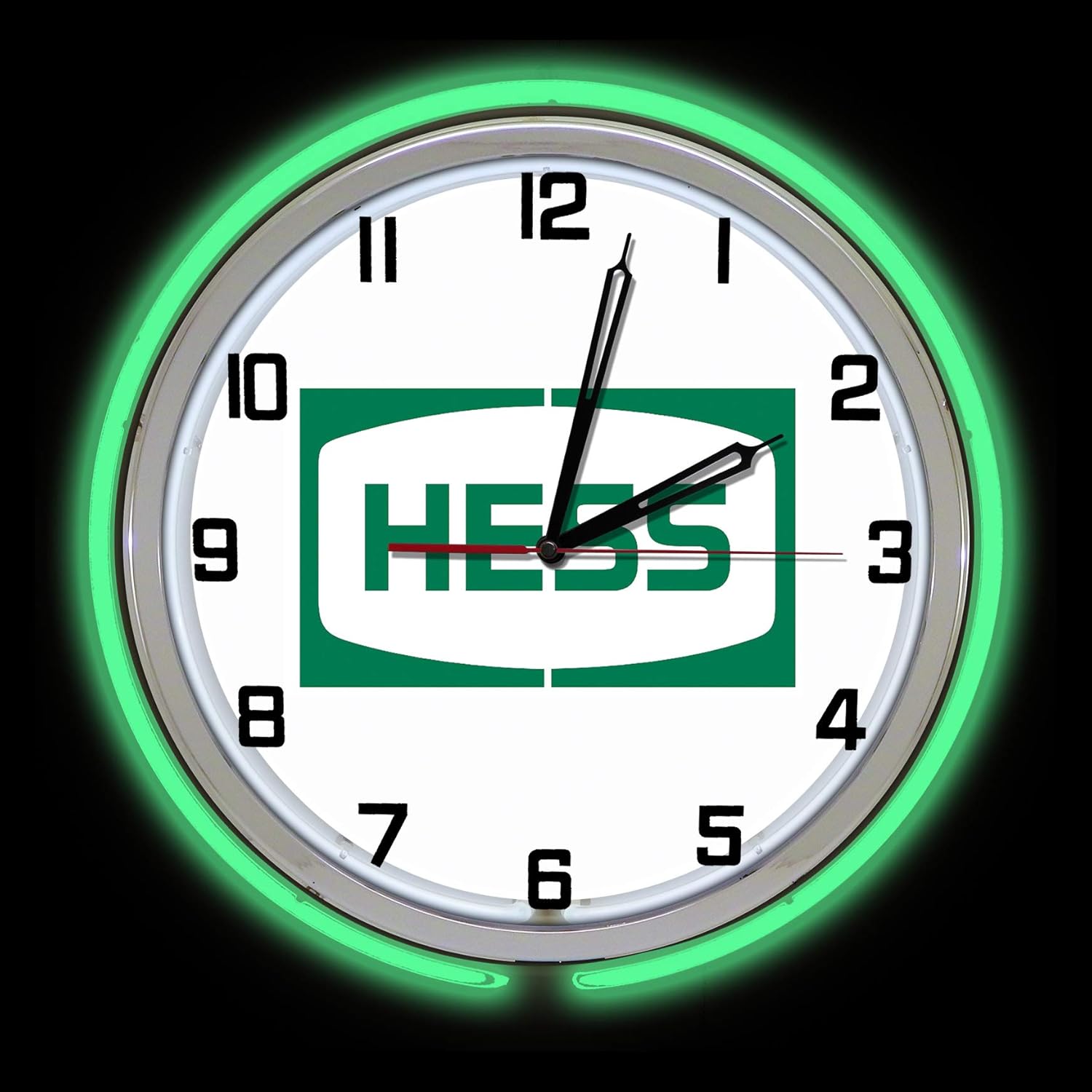 19" Hess Oil Sign Neon Clock, Two Neon Tubes, Green Outside Tube
