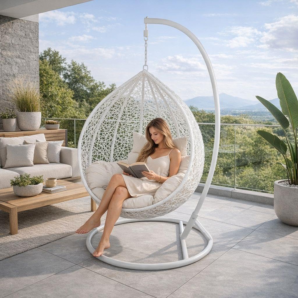ESTEXO Hängesessel mit Gestell Hängesitz Hängesessel Rattan Hängeschaukel Weiß