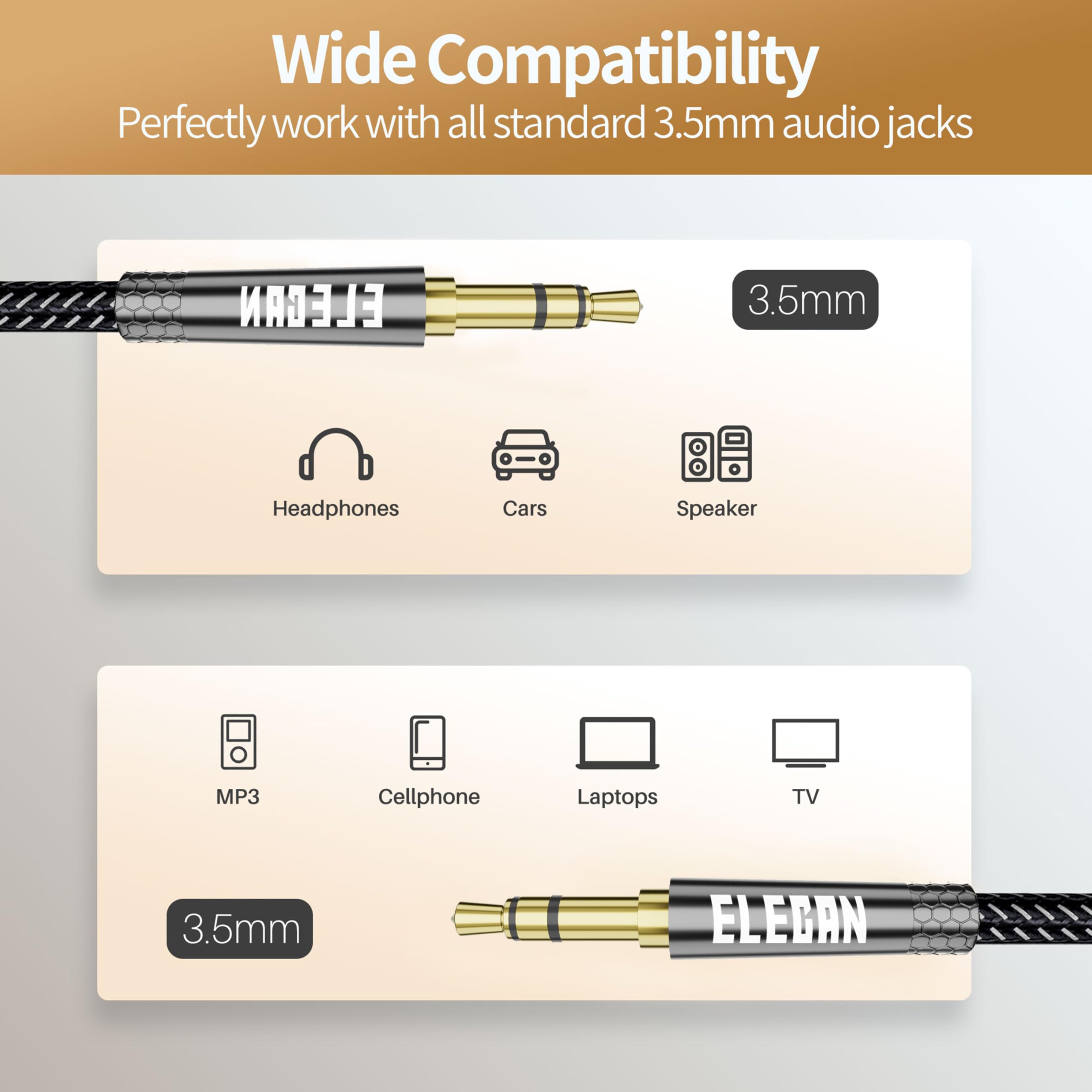 Elecan Cable auxiliar de 3,5 mm, sonido de alta fidelidad, aleación de zinc, carcasa OD 3,5 mm, ultrafino y suave), cable de audio estéreo auxiliar trenzado, cable auxiliar de 3,5 mm para auriculares