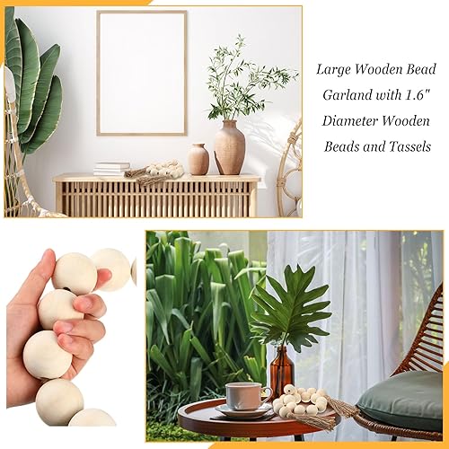 Miniatura 7 de 2 guirnaldas de cuentas de madera grandes con cuentas de madera de 1.57 pulgadas de diámetro y borlas, cuentas decorativas bohemias para decoración