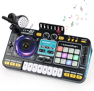 DJ Mixer for Kids Age 3+, 2-In-1 8-Key Keyboard Piano 12 MIDI Buttons DJ Set with Entertainment Mode, Bluetooth & Recording Function, Musical Toys Gifts for Birthday, Christmas, New Year