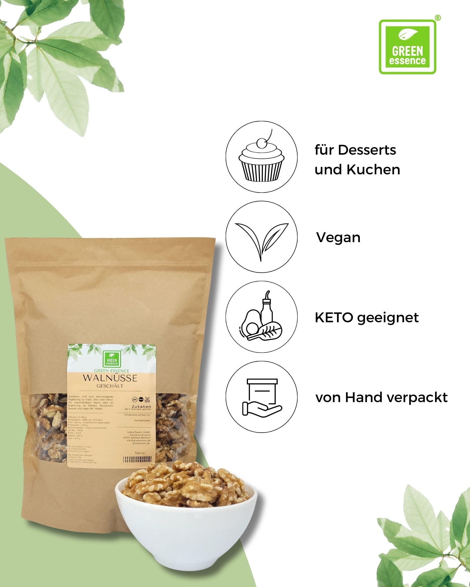 Walnüsse von der Grünen Essenz 1 kg - geschält - Premium Qualität Walnüsse ohne Schale - vegan - unbehandelte Walnusskerne - Großpackung ohne Zusatzstoffe - ungesalzen