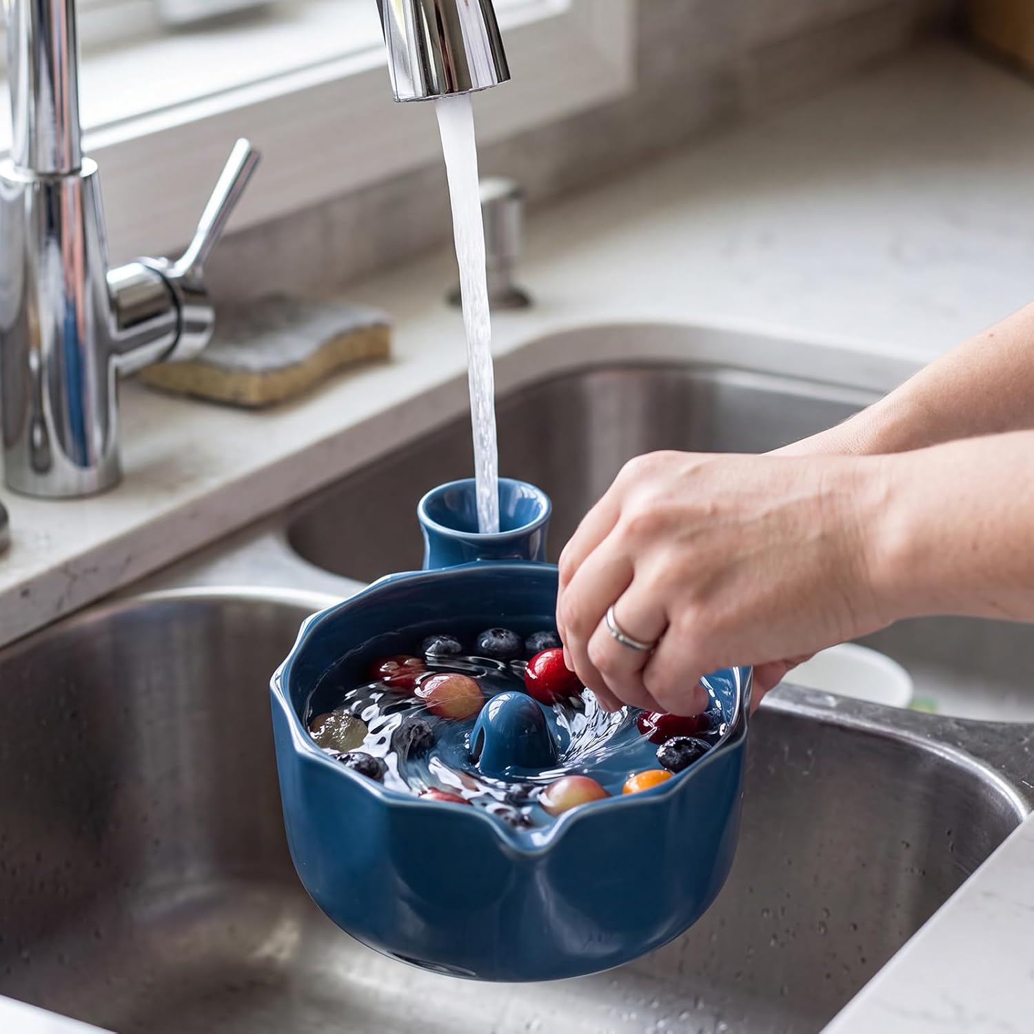 2 Pcs Ceramic Berry Washing Bowl with Auto-spin Swirl Drainage