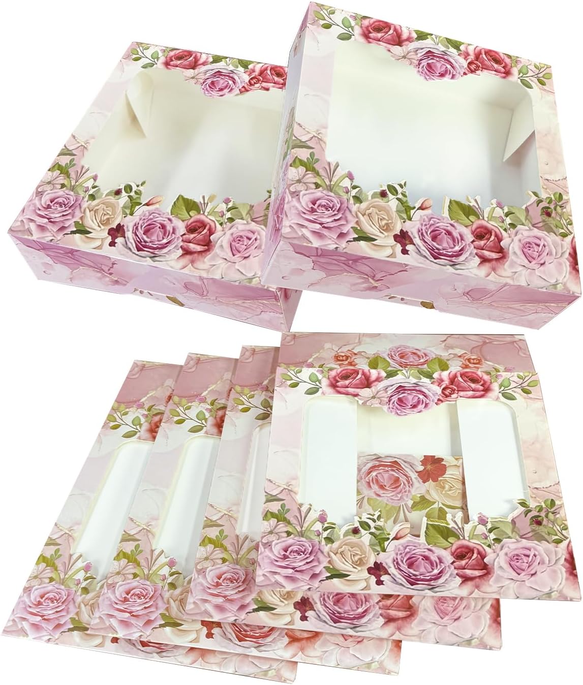 qiqee Auto-pop up Mother''s Day 8x8x2.5 inch Bakery Box With Window Pink Rose 30 Packs Pie Boxes Pastry Box