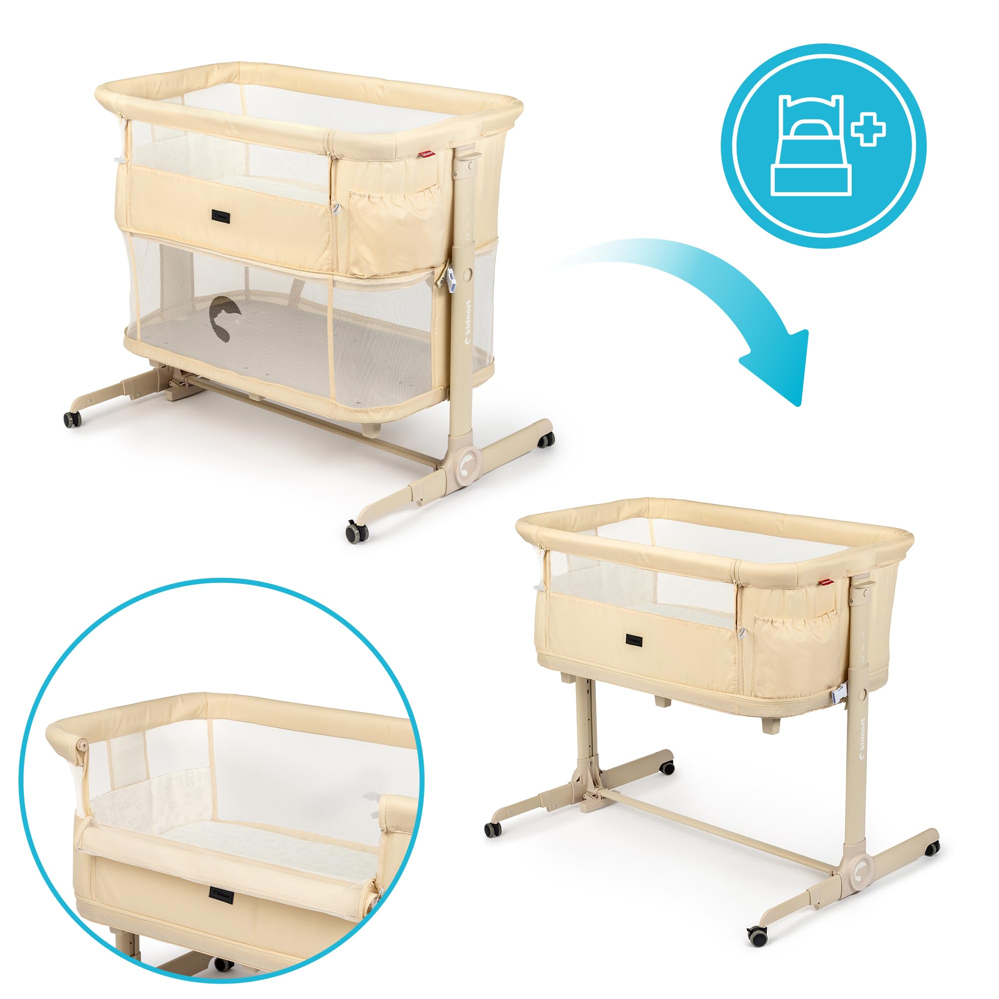 Snäckskal 3 in 1 Babybett Beistellbett Reisebett mit Matratze und Rollen 6 Fach höhenverstellbar mit Wiegefunktion Moskitonetz Laufstall bis 15 kg klappbar Tragetasche Beige