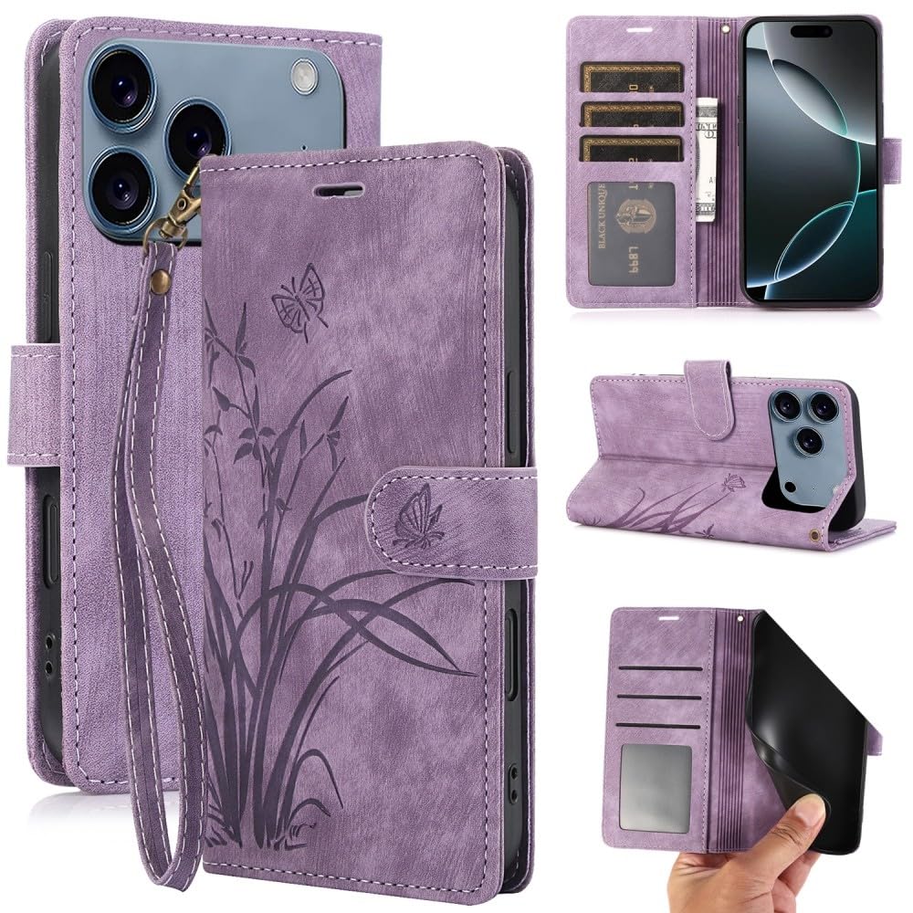 Étui iPhone 17 violet en cuir magnétique avec clapet protection portefeuille - 8
