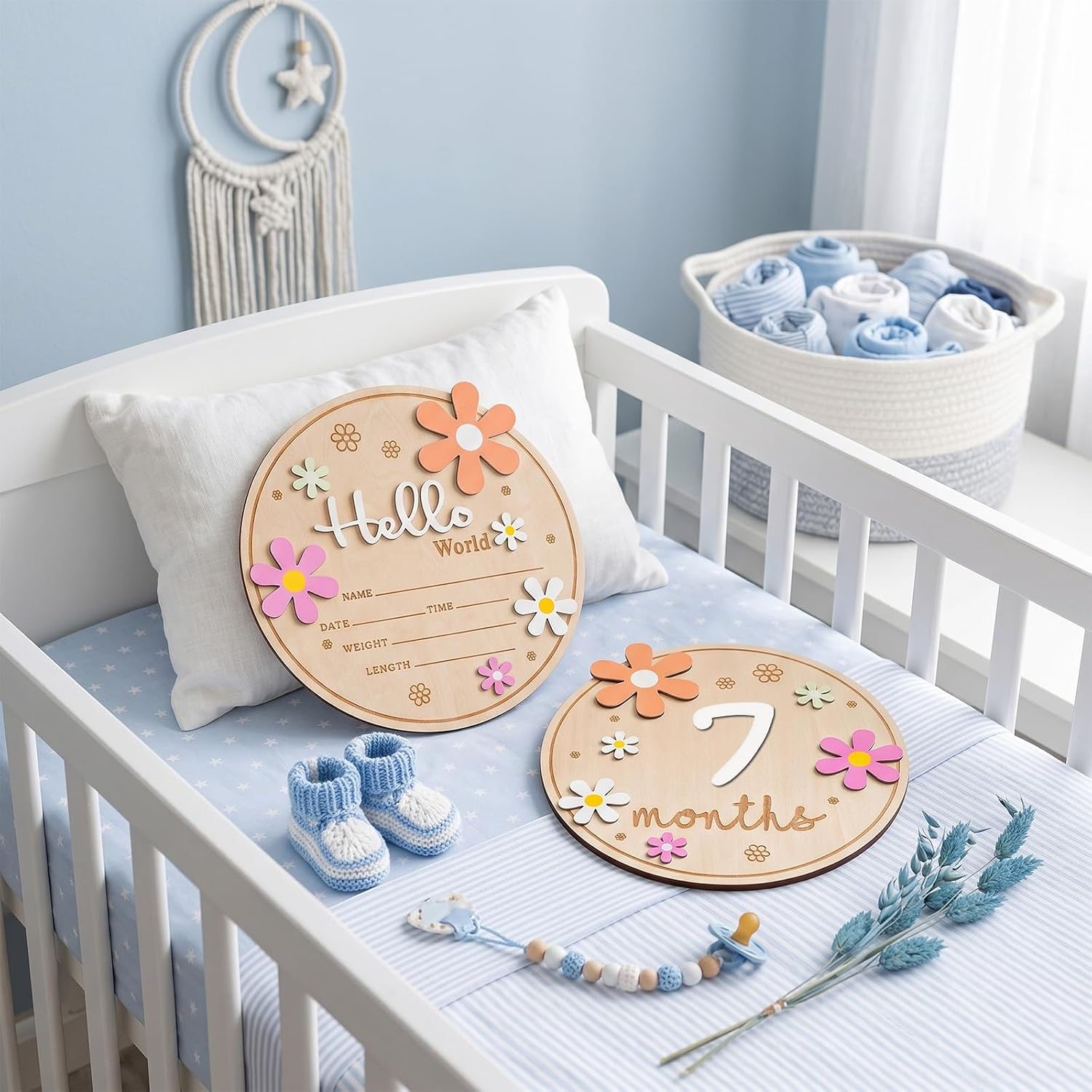 3D Wooden Daisy Monthly Milestone Sign with Hello World Milestone Sign Discs, Interchangeable 1-12 Months Wood Discs Newborn Announcement Cards & Photo Props for Shower Gift