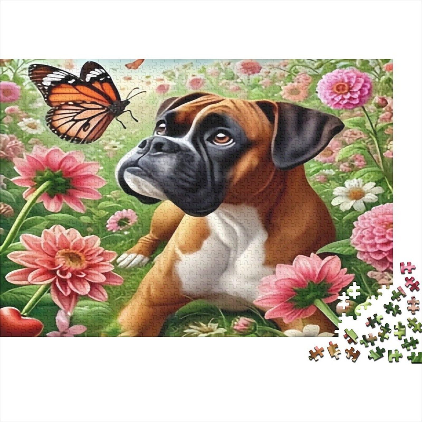 Boxer Dog Butterfly Flowers 1000 Pieces Jigsaw Puzzle 100% Recycled Board for Family Adults Boxer with Fly Digital Detox Activity Brain Training 70x50cm/1000pcs