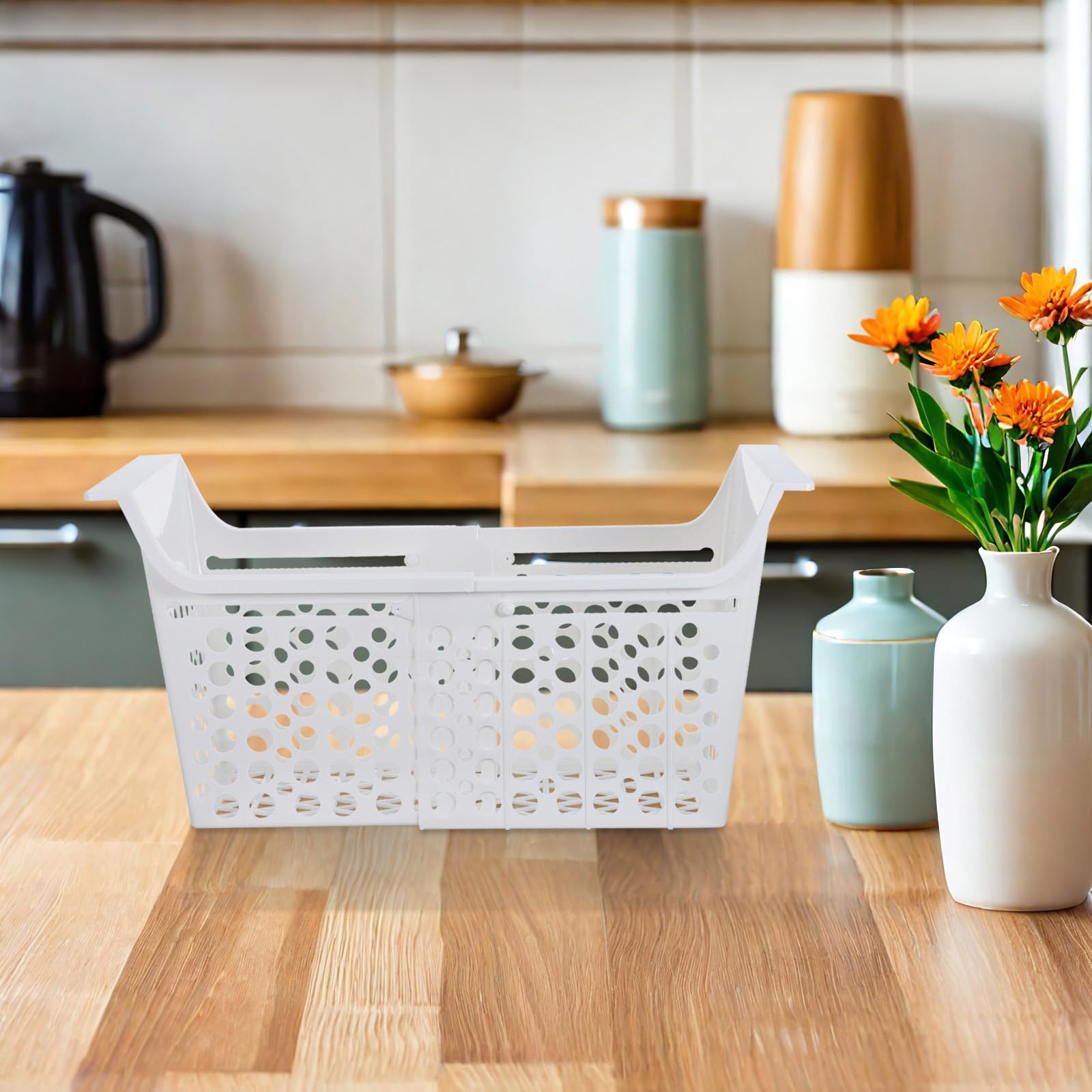 DECHOUS Cesta Expandible para Congelador y Refrigerador de Plástico Blanco 44.2x22.5x22.5 Cm Organizador Ajustable para Almacenamiento en Cocina