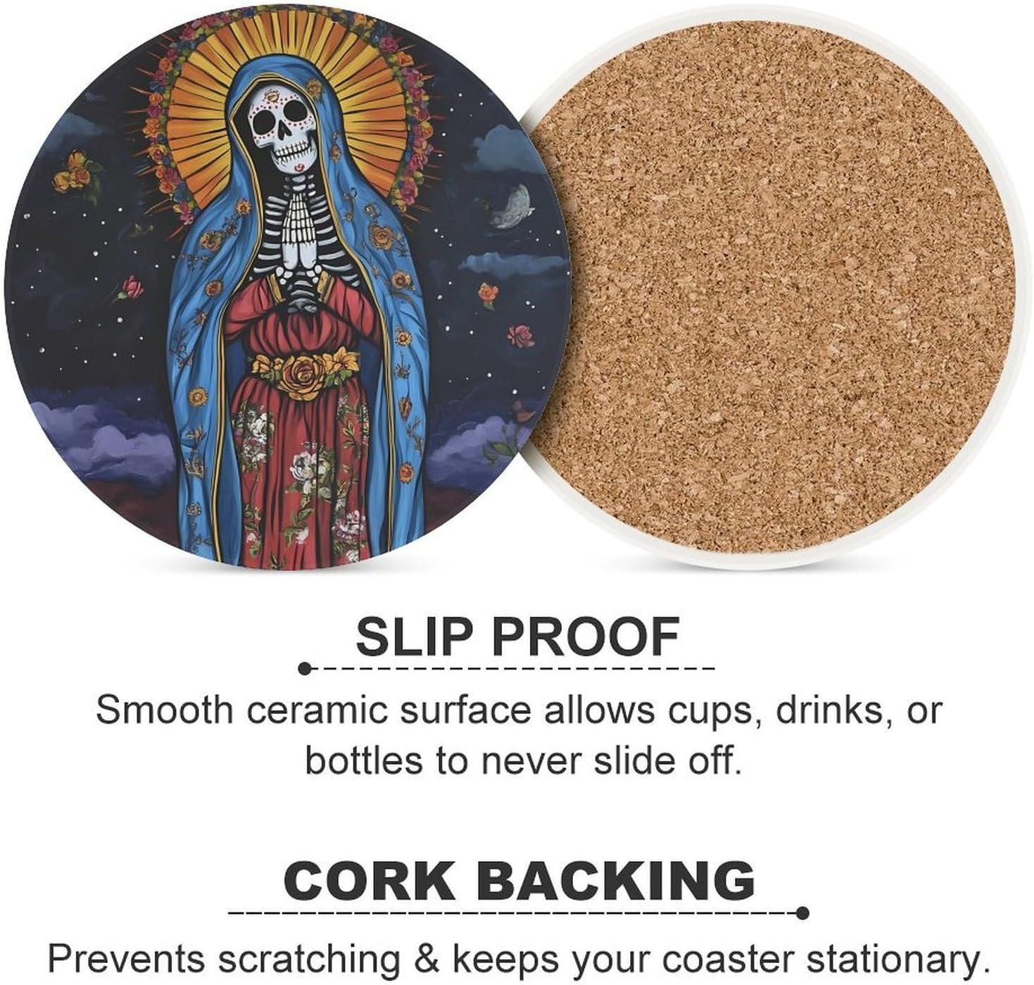 Gothic Skeleton SantaMuertes Funny Round Ceramic Coasters for Drink Absorbent Cup Holders Tabletop Protection