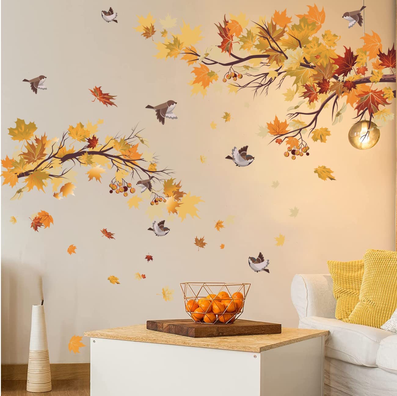 TOARTi Autumn Leaves Wall Stickers for Living Room Fall Season Maple Yellow Leaves Wall Decals,Thanksgiving Birds Autumn Tree Branch Leaf for Bedroom Window Decoration(36 pcs) - Image 2