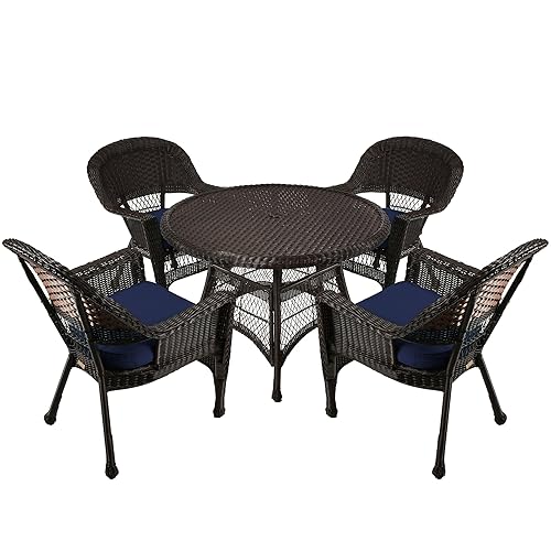 5 Piece Wicker Dining Set with with Blue Cushions, Espresso