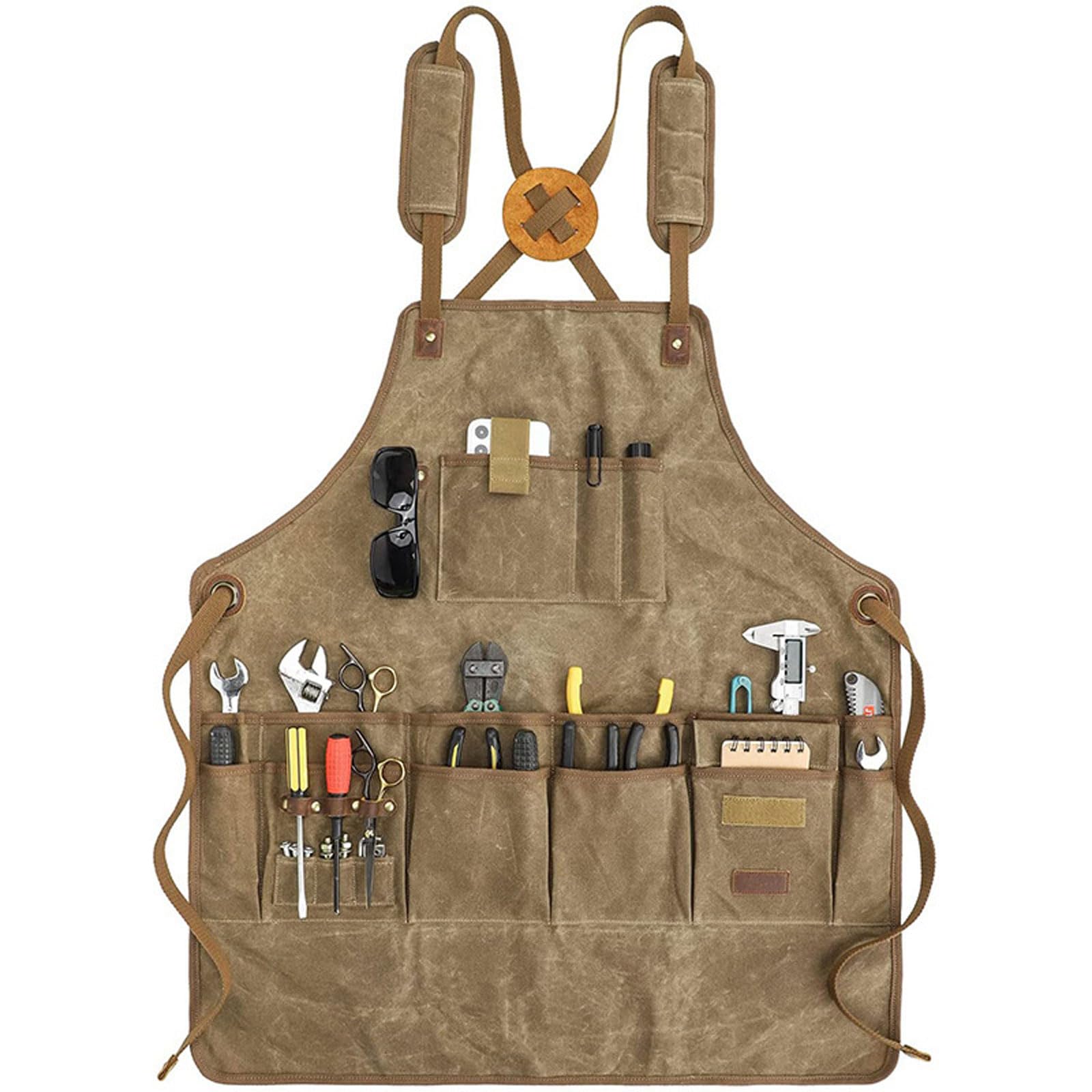 Garden Apron per Uomo e Donna,Grembiule da Lavoro con 22 Tasca,Fibbia Regolabile Grembiule da Esterno,Tela Spessa Impermeabile,per Raccolta frutteto per la Lavorazione del Legno,Cachi